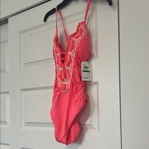 BECCA Pink Lace Trim One Piece Swimsuit